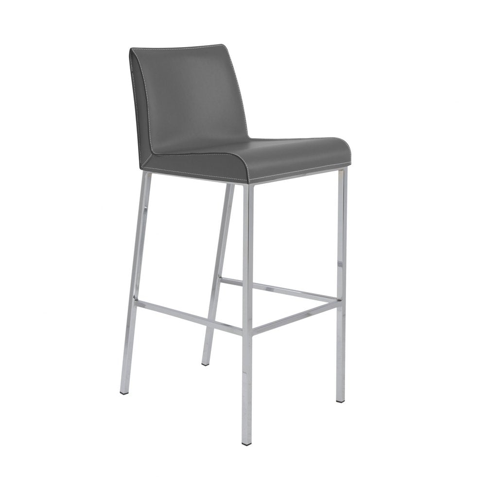 Set of Two 31" Gray And Silver Genuine Leather And Steel Low Back Bar Height Bar Chairs
