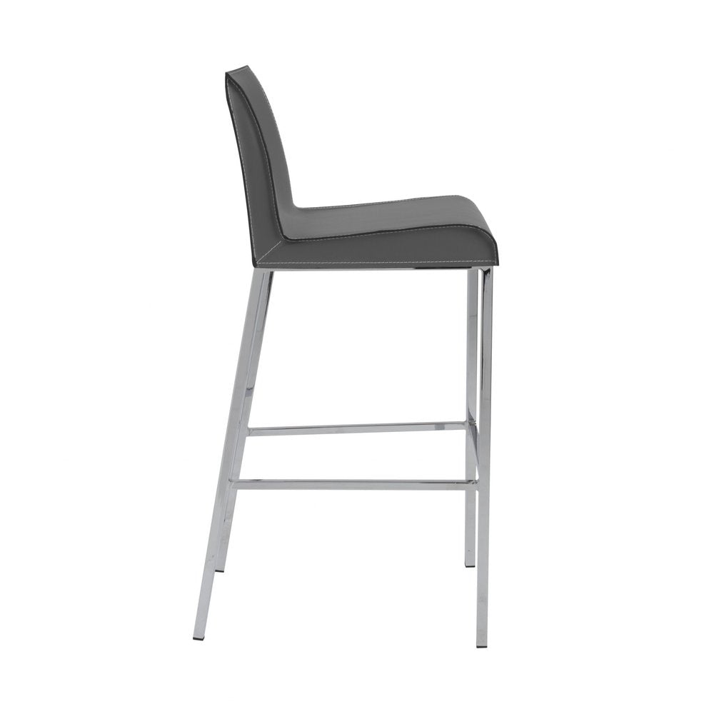 Set of Two 31" Gray And Silver Genuine Leather And Steel Low Back Bar Height Bar Chairs