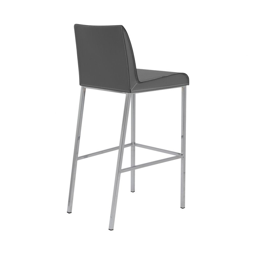 Set of Two 31" Gray And Silver Genuine Leather And Steel Low Back Bar Height Bar Chairs