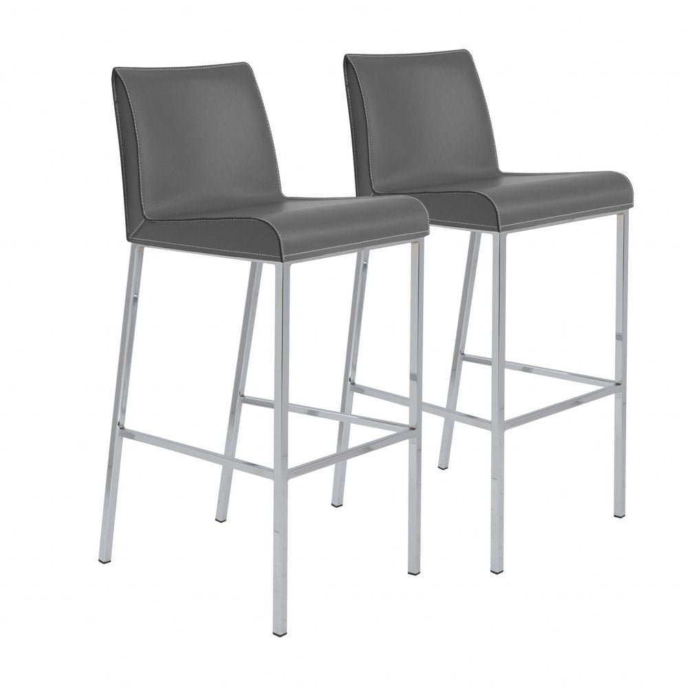 Set of Two 31" Gray And Silver Genuine Leather And Steel Low Back Bar Height Bar Chairs