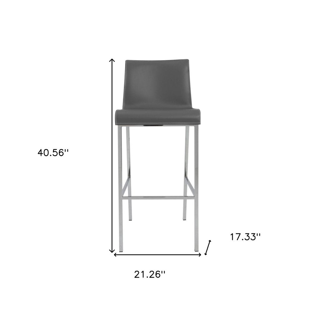 Set of Two 31" Gray And Silver Genuine Leather And Steel Low Back Bar Height Bar Chairs