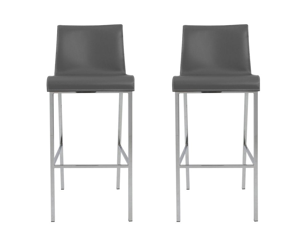 Set of Two 31" Gray And Silver Genuine Leather And Steel Low Back Bar Height Bar Chairs
