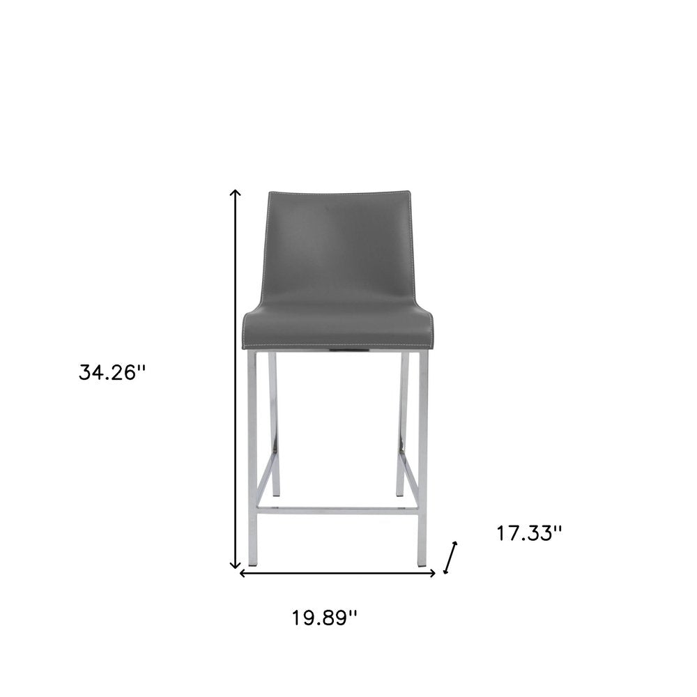 Set of Two 24" Gray And Silver Genuine Leather And Steel Low Back Counter Height Bar Chairs