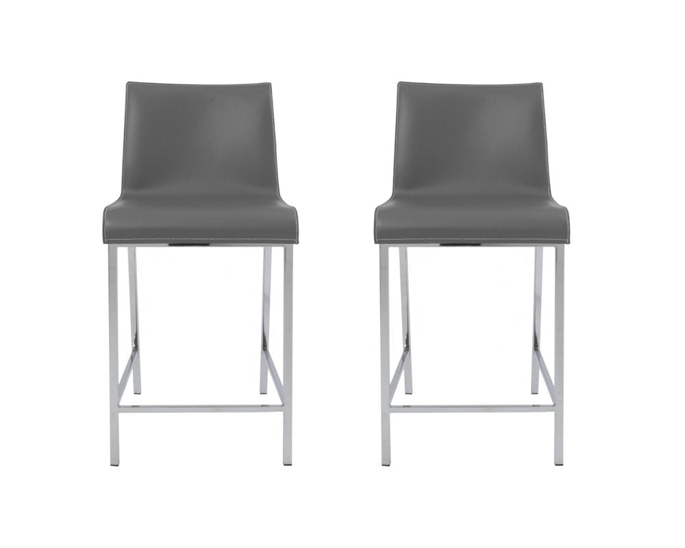 Set of Two 24" Gray And Silver Genuine Leather And Steel Low Back Counter Height Bar Chairs