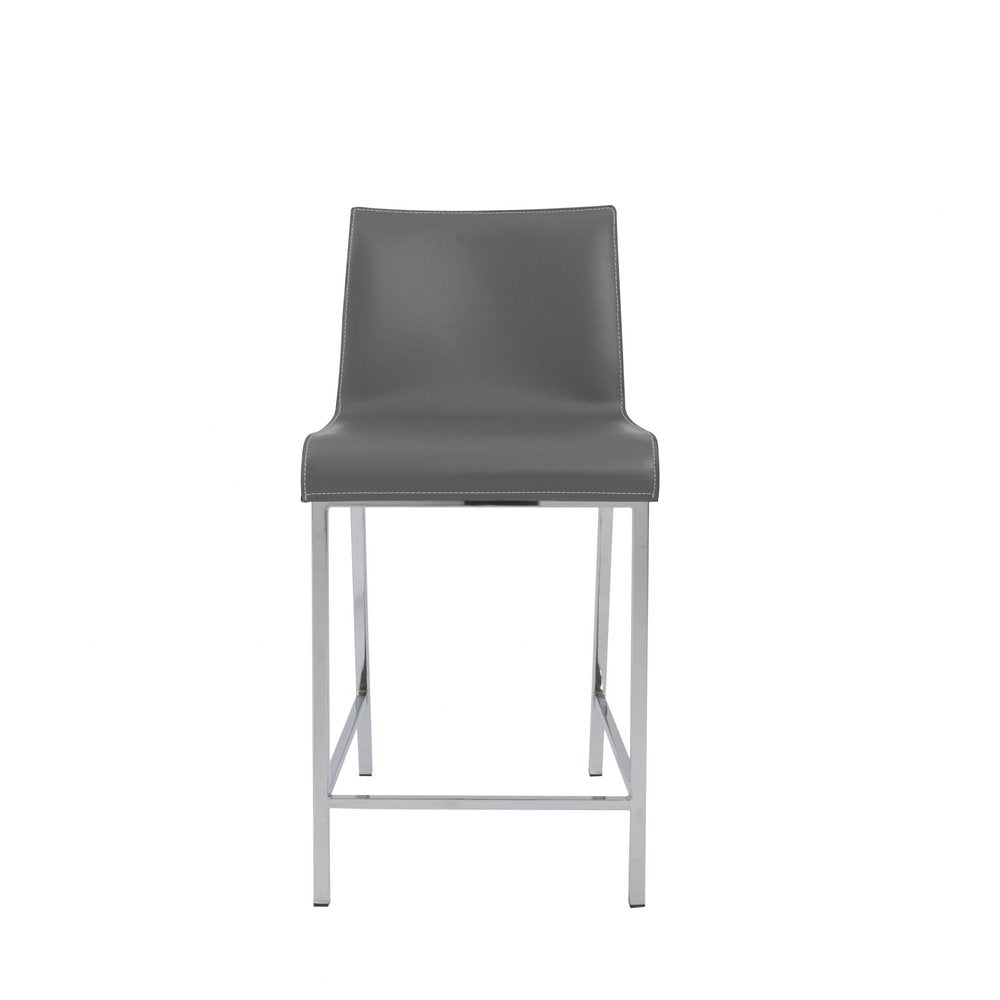 Set of Two 24" Gray And Silver Genuine Leather And Steel Low Back Counter Height Bar Chairs