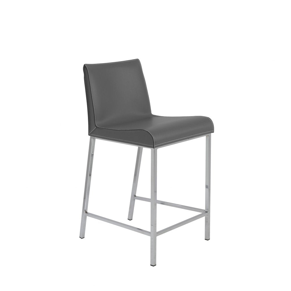 Set of Two 24" Gray And Silver Genuine Leather And Steel Low Back Counter Height Bar Chairs