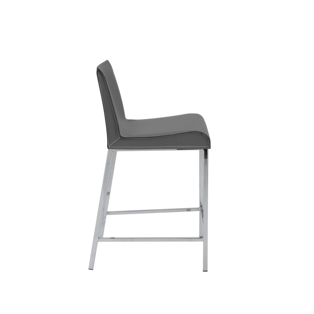 Set of Two 24" Gray And Silver Genuine Leather And Steel Low Back Counter Height Bar Chairs