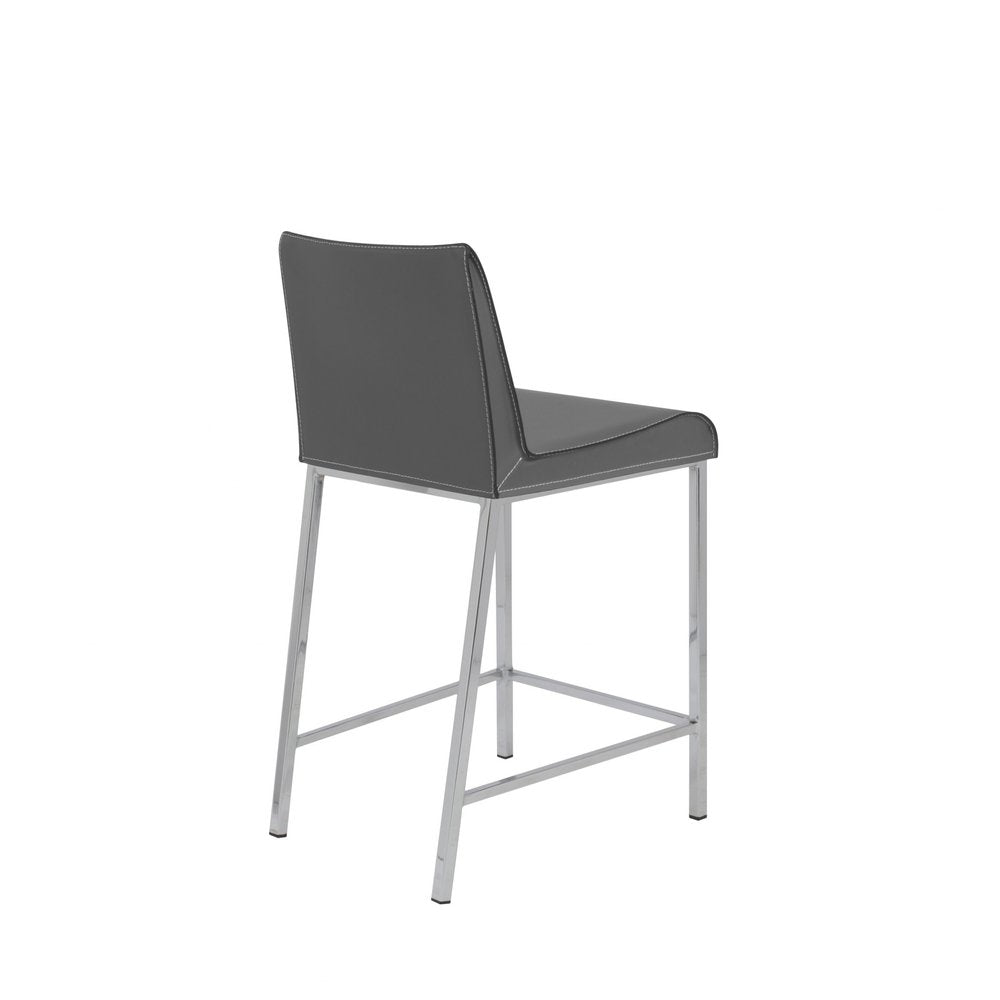 Set of Two 24" Gray And Silver Genuine Leather And Steel Low Back Counter Height Bar Chairs
