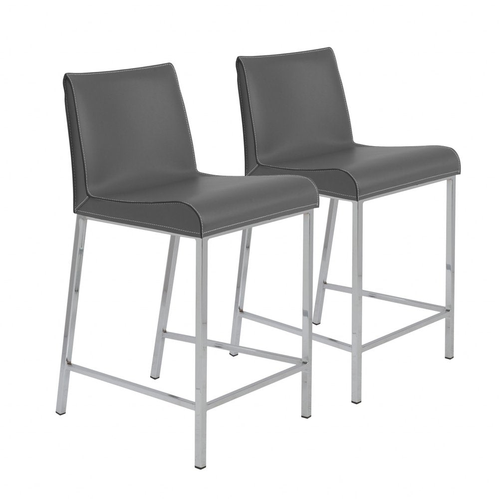 Set of Two 24" Gray And Silver Genuine Leather And Steel Low Back Counter Height Bar Chairs