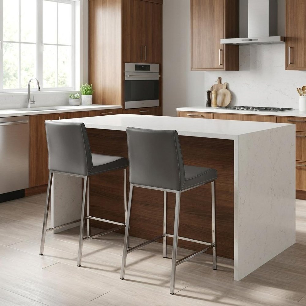 Set of Two 24" Gray And Silver Genuine Leather And Steel Low Back Counter Height Bar Chairs