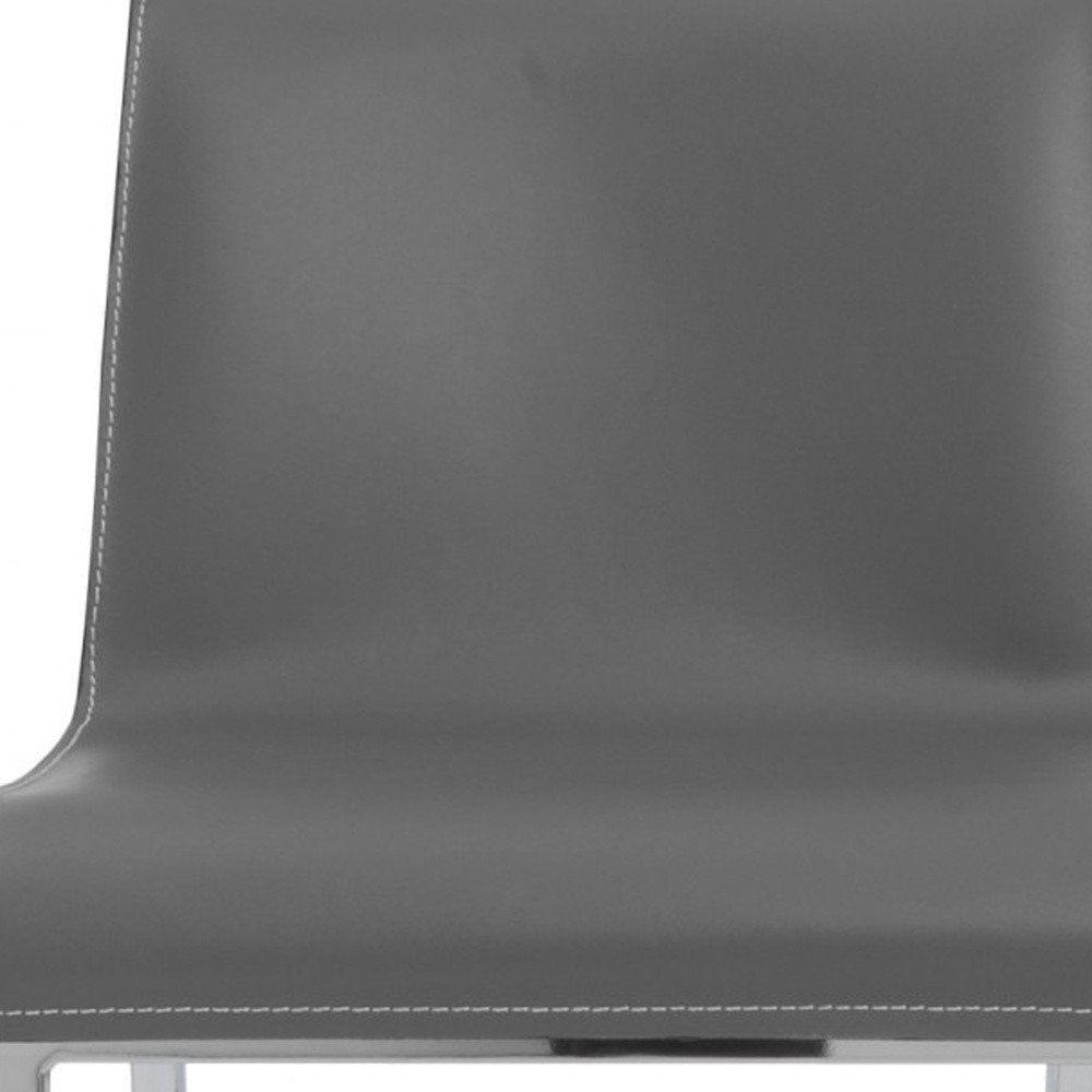 Set of Two 24" Gray And Silver Genuine Leather And Steel Low Back Counter Height Bar Chairs