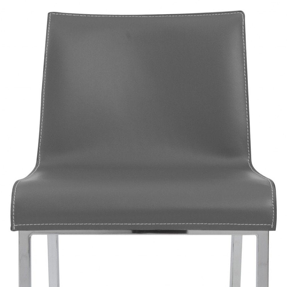 Set of Two 24" Gray And Silver Genuine Leather And Steel Low Back Counter Height Bar Chairs