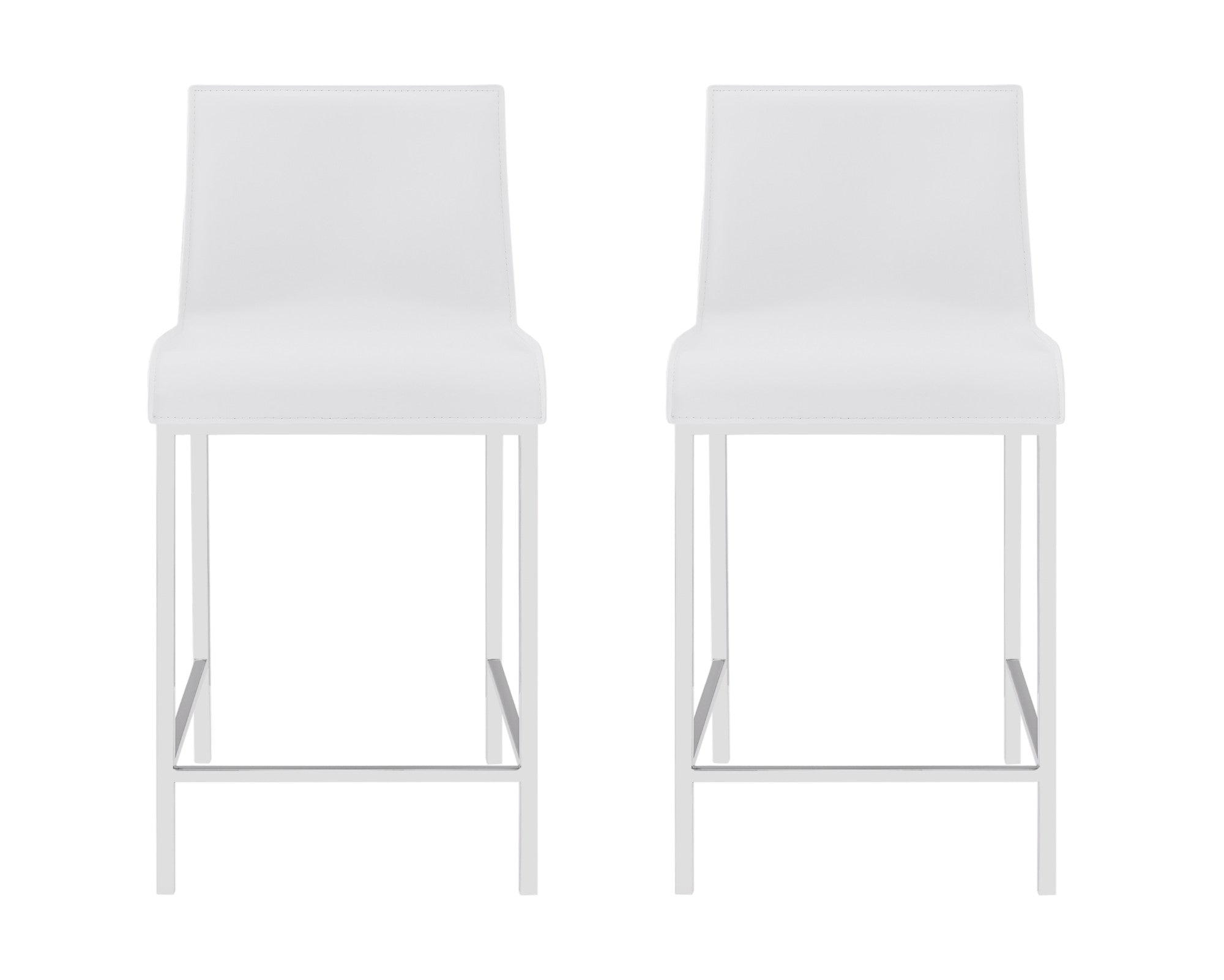 Set of Two 24" White And Silver Genuine Leather And Steel Low Back Counter Height Bar Chairs