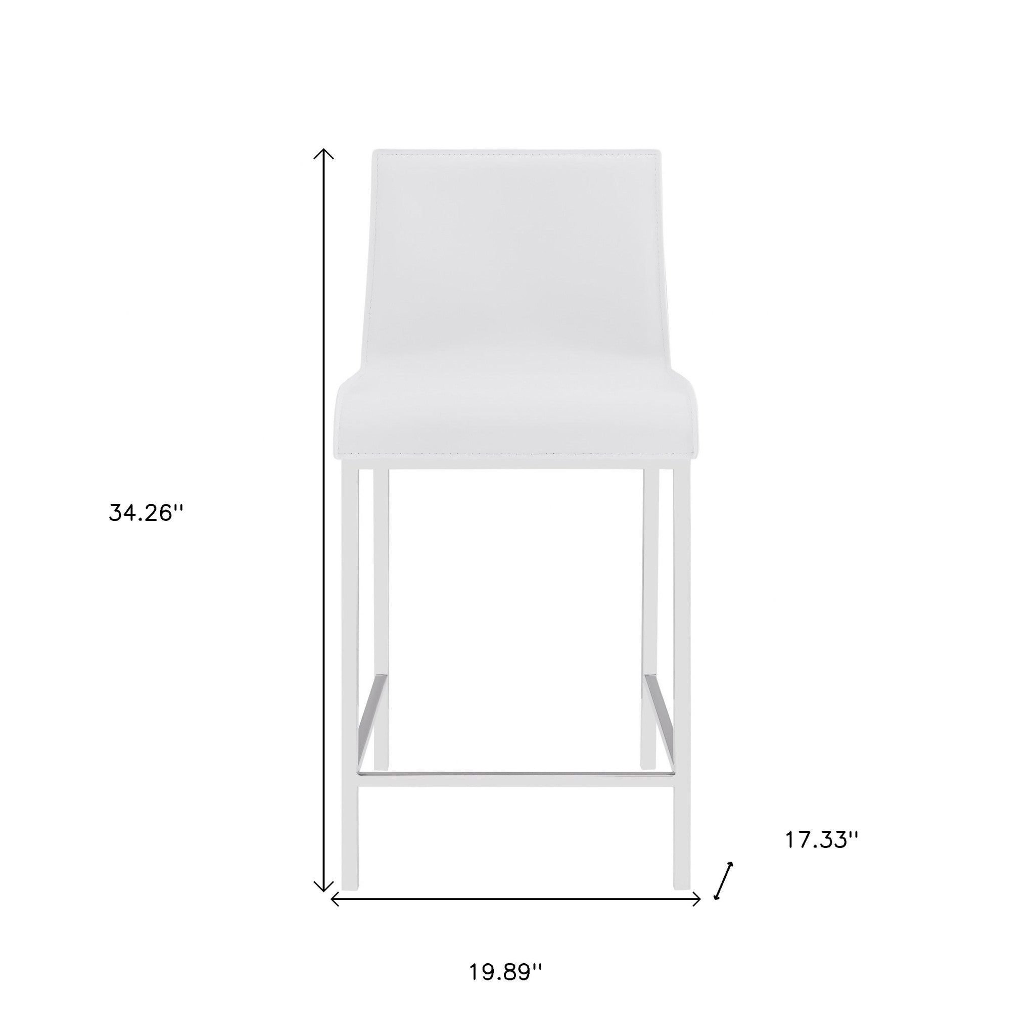 Set of Two 24" White And Silver Genuine Leather And Steel Low Back Counter Height Bar Chairs