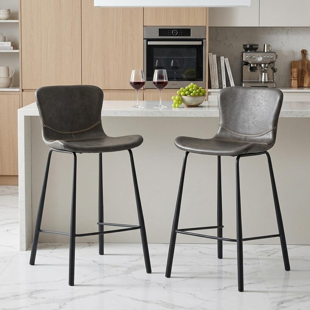 Set of Two 26" Gray And Black Steel Low Back Counter Height Bar Chairs