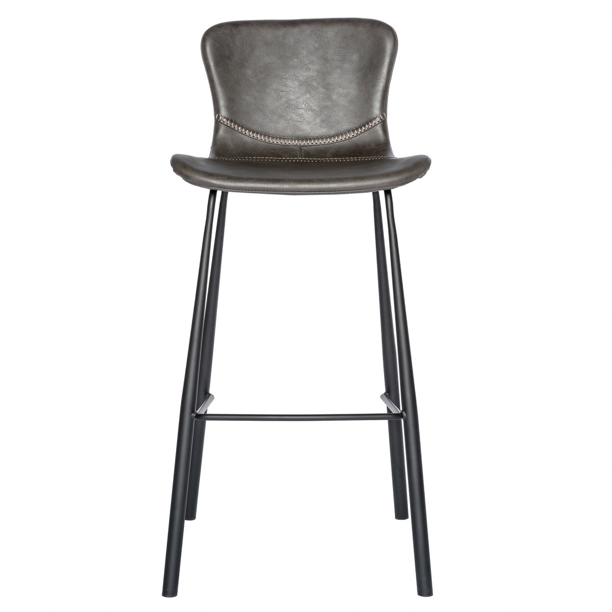 Set of Two 30" Gray And Black Faux Leather And Steel Low Back Bar Height Bar Chairs
