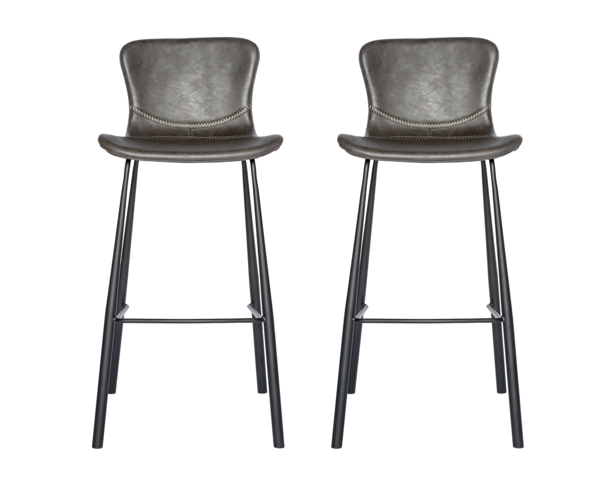 Set of Two 30" Gray And Black Faux Leather And Steel Low Back Bar Height Bar Chairs
