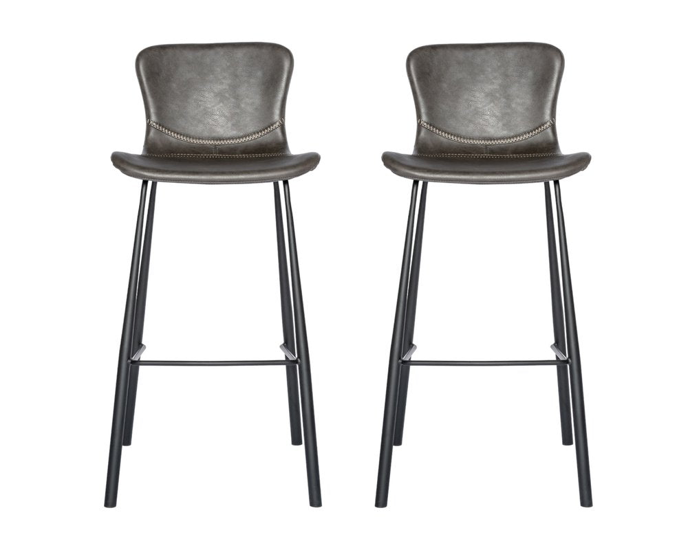 Set of Two 30" Gray And Black Faux Leather And Steel Low Back Bar Height Bar Chairs