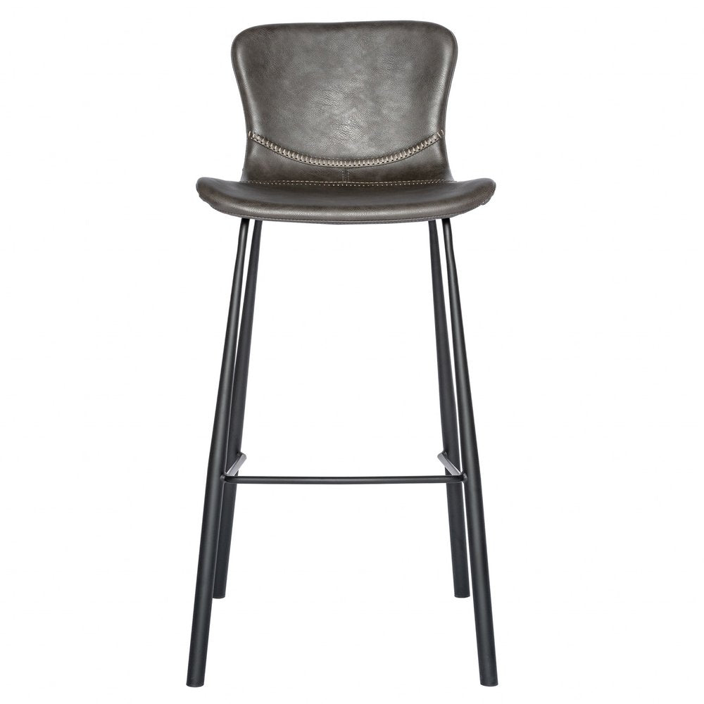 Set of Two 30" Gray And Black Faux Leather And Steel Low Back Bar Height Bar Chairs