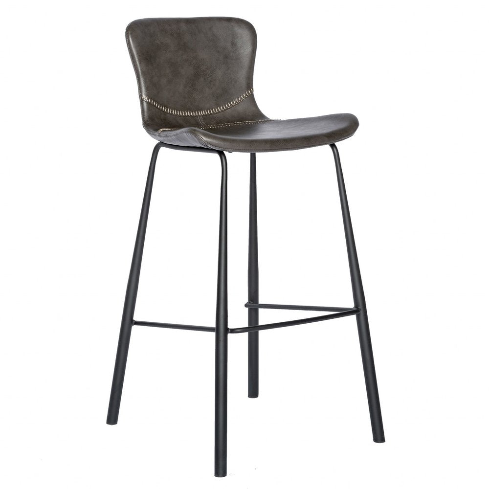 Set of Two 30" Gray And Black Faux Leather And Steel Low Back Bar Height Bar Chairs
