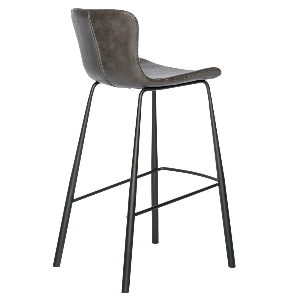 Set of Two 30" Gray And Black Faux Leather And Steel Low Back Bar Height Bar Chairs