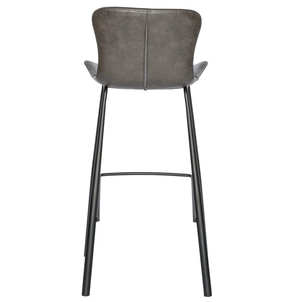 Set of Two 30" Gray And Black Faux Leather And Steel Low Back Bar Height Bar Chairs