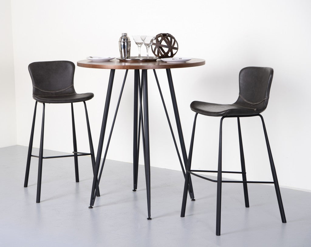 Set of Two 30" Gray And Black Faux Leather And Steel Low Back Bar Height Bar Chairs