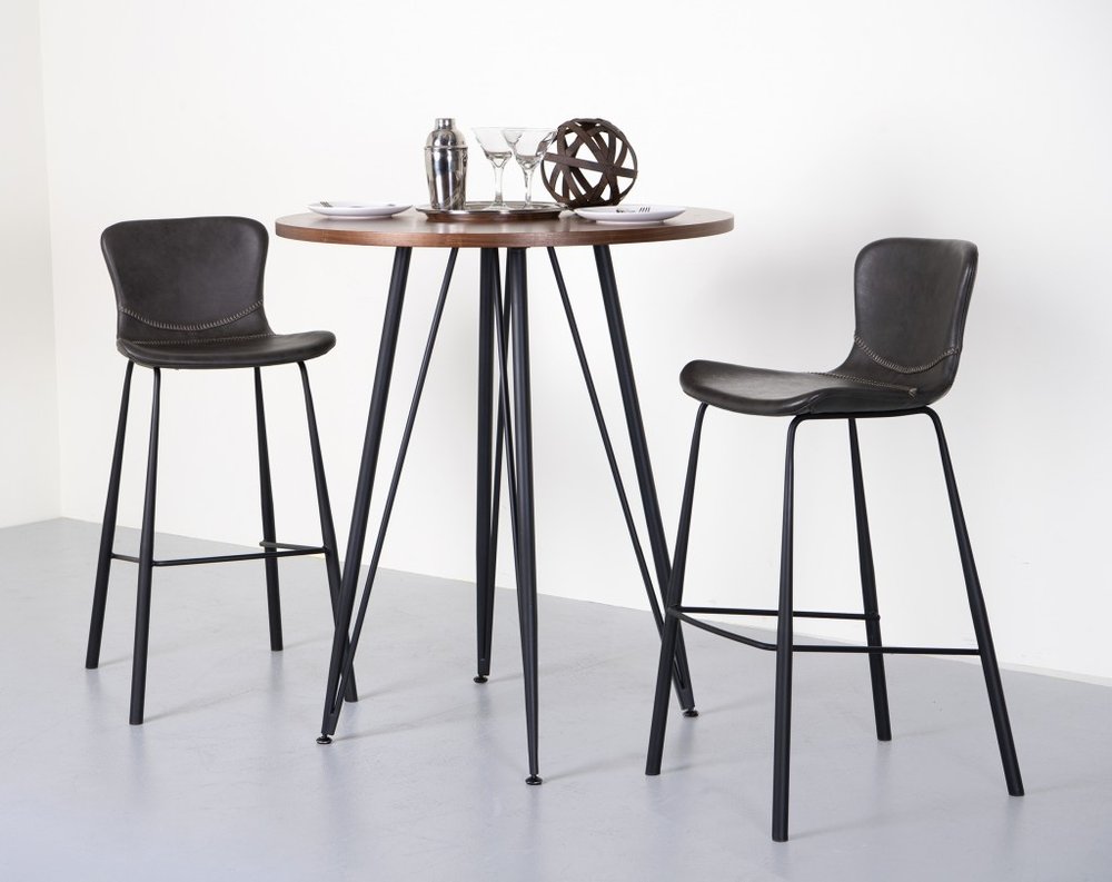 Set of Two 30" Gray And Black Faux Leather And Steel Low Back Bar Height Bar Chairs