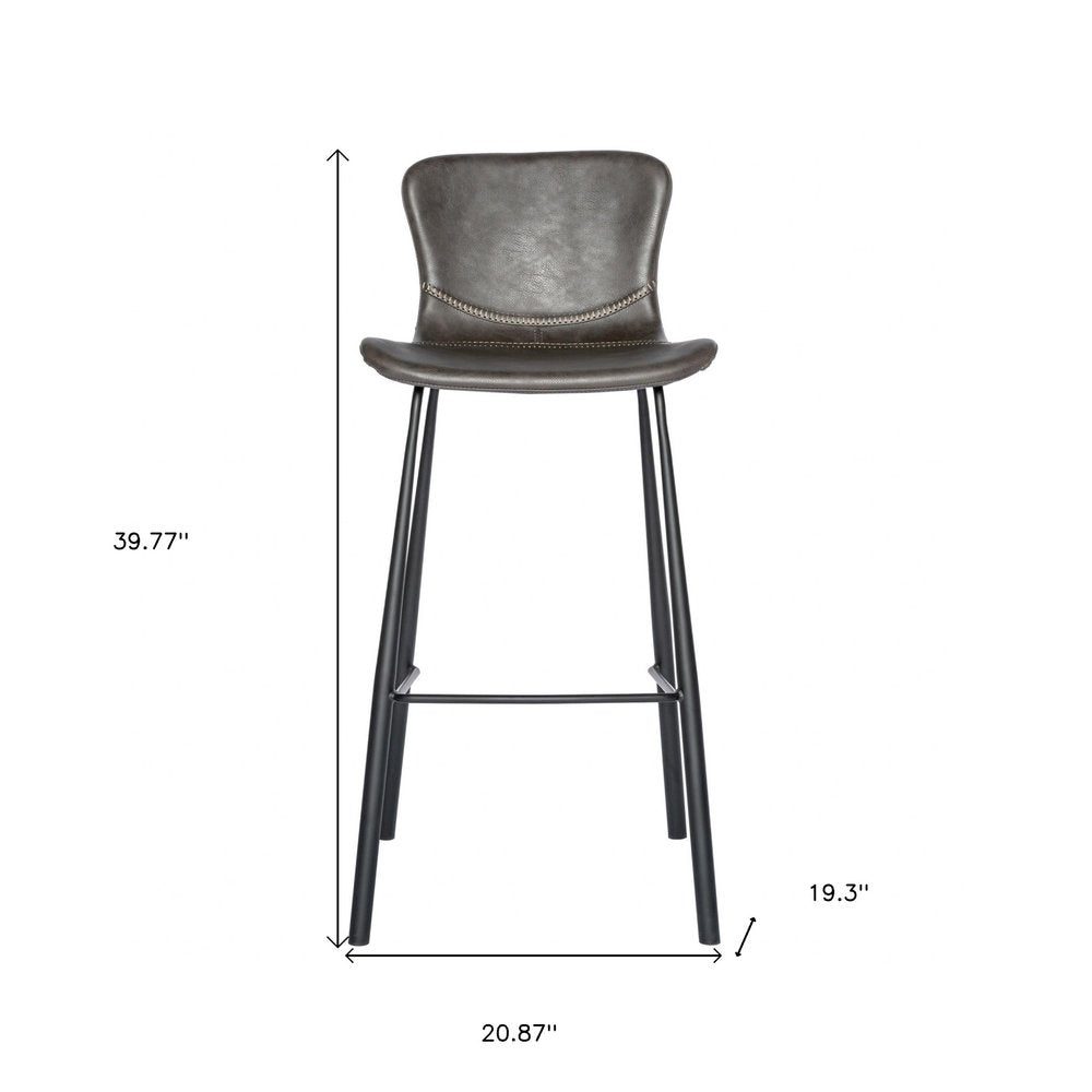 Set of Two 30" Gray And Black Faux Leather And Steel Low Back Bar Height Bar Chairs