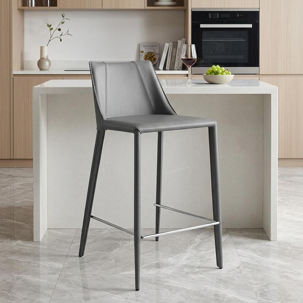 26" Gray Faux Leather And Steel Low Back Counter Height Bar Chair