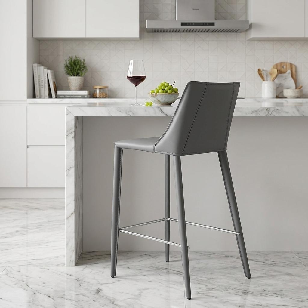 26" Gray Faux Leather And Steel Low Back Counter Height Bar Chair