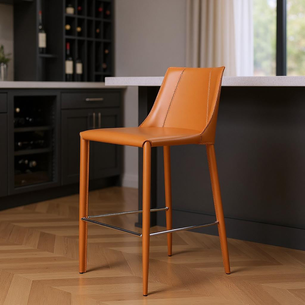 30" Terra Cotta Faux Leather And Steel Low Back Bar Height Bar Chair