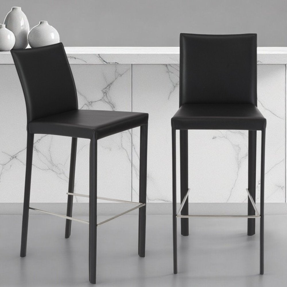 Set of Two 30" Black Faux Leather and Steel Bar Height Bar Chairs
