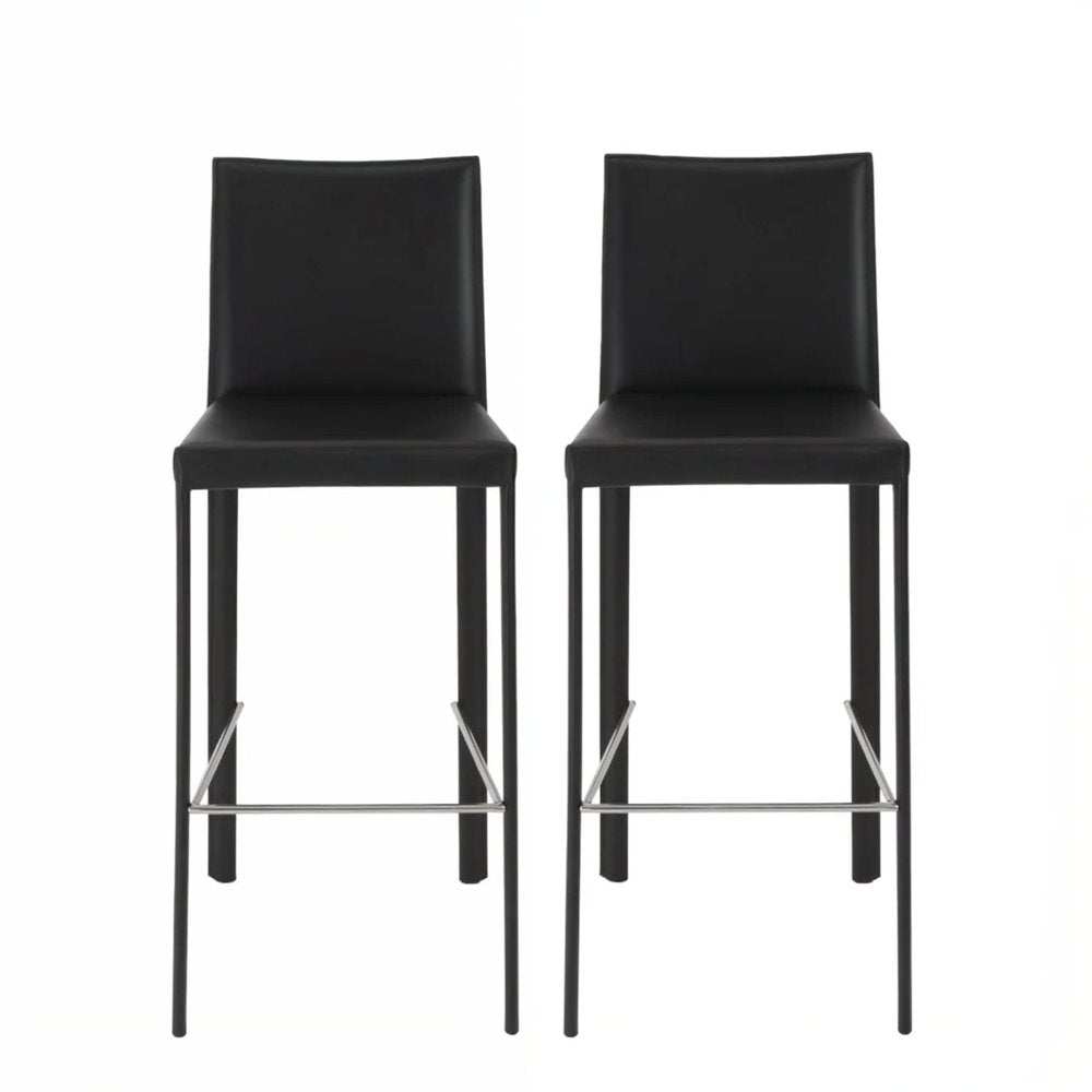 Set of Two 30" Black Faux Leather and Steel Bar Height Bar Chairs