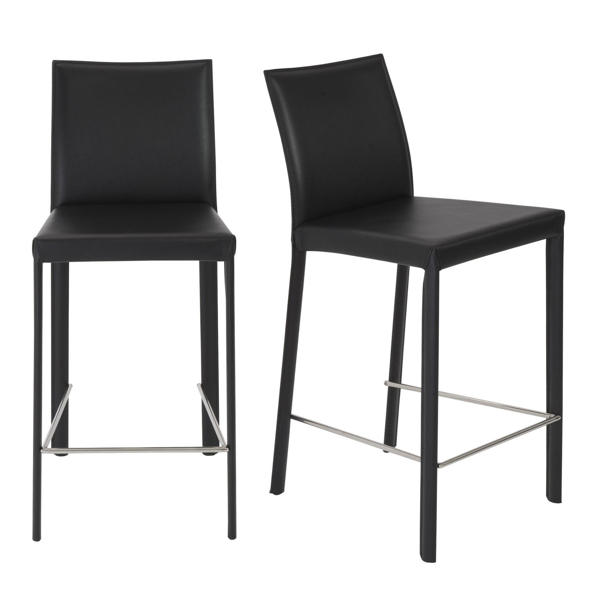 Set of Two 26" Black Faux Leather And Steel Low Back Counter Height Bar Chairs