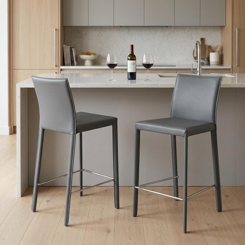Set of Two 26" Gray Faux Leather And Steel Low Back Counter Height Bar Chairs