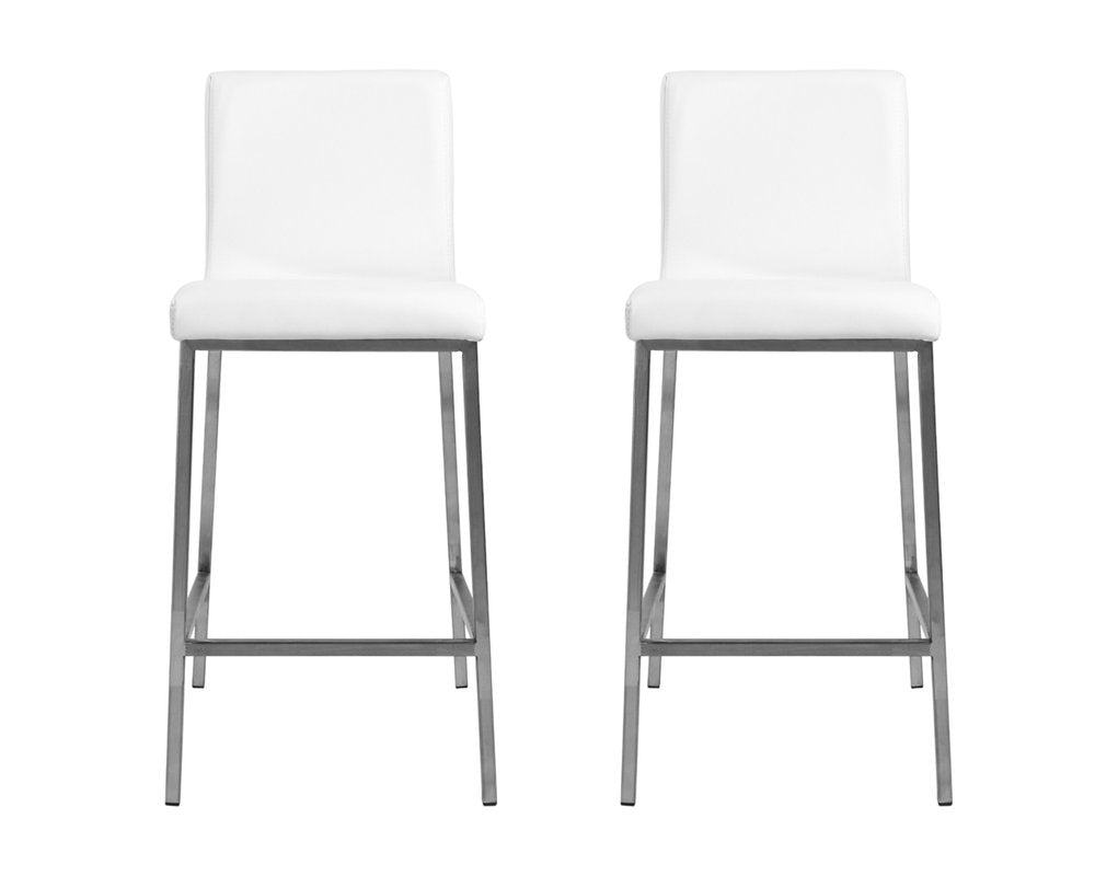 Set of Two 26" White And Silver Steel Low Back Counter Height Bar Chairs