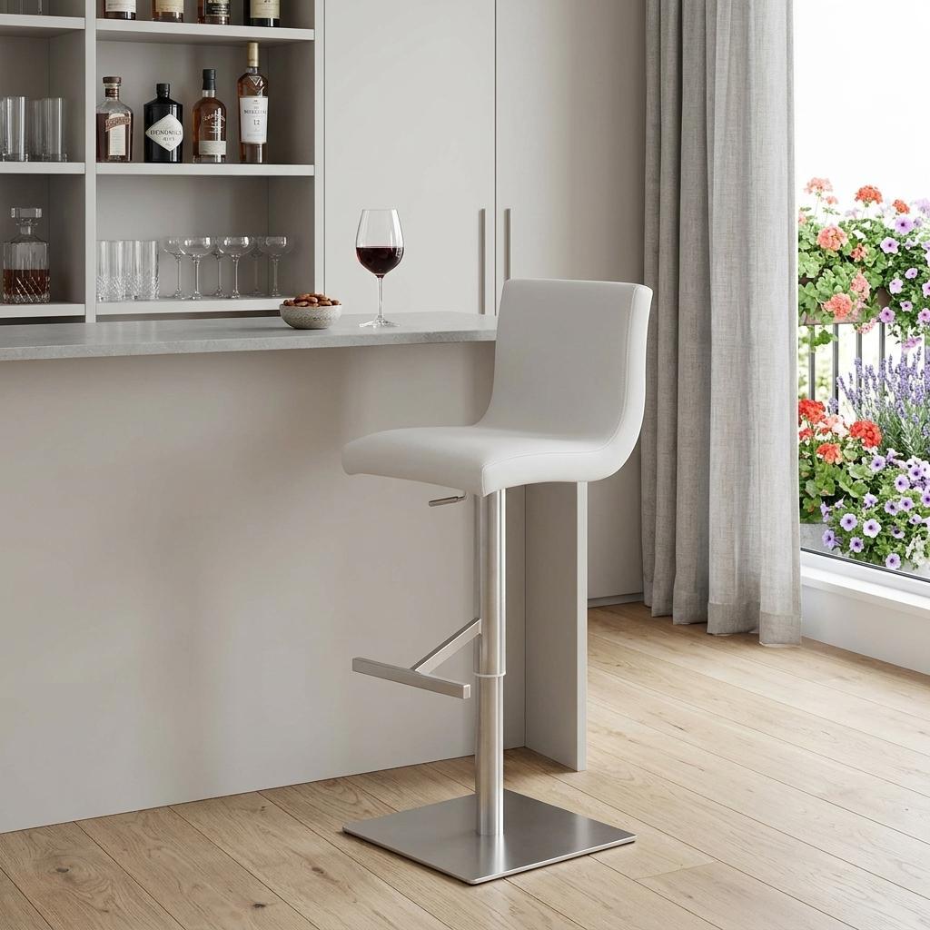 White And Silver Steel Low Back Bar Height Swivel Bar Chair