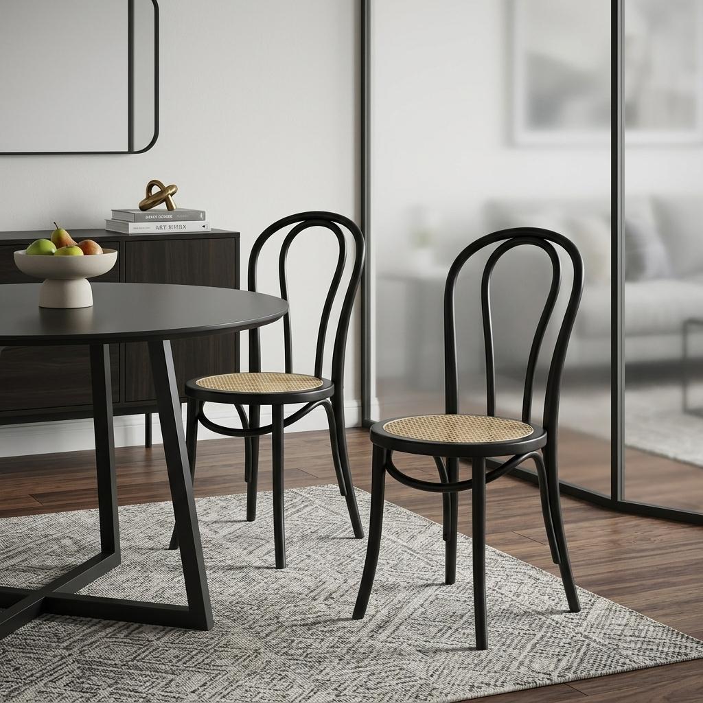 Set of Two Black and Natural Solid Wood And Rattan Curved Back Dining Side Chairs