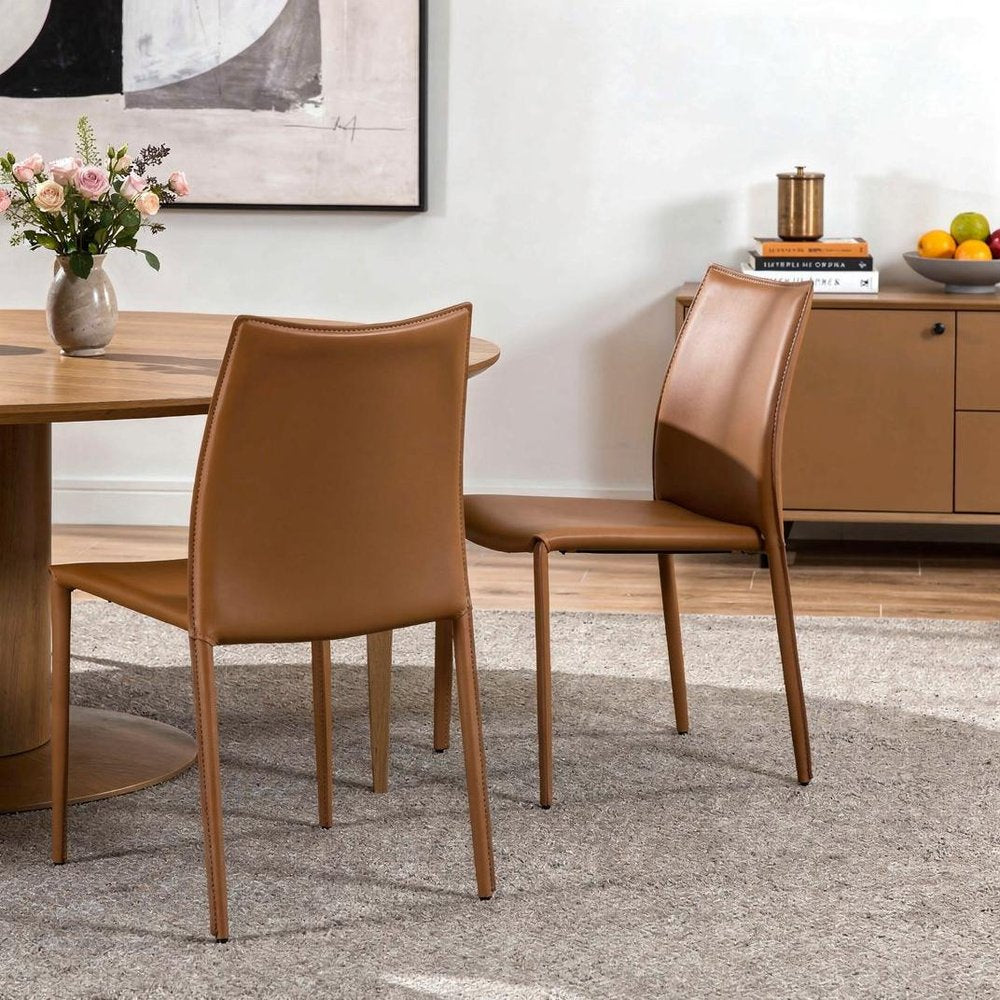 Set of Two Terra Cotta Upholstered Leather Dining Side Chairs