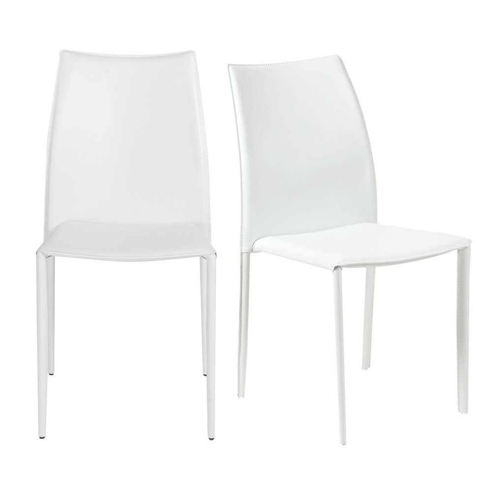 Set of Two White Upholstered Leather Dining Side Chairs