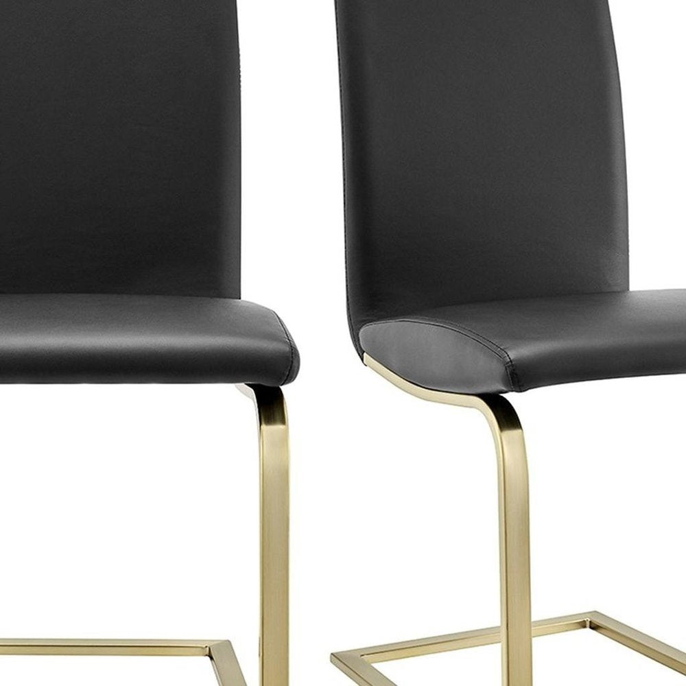 Set of Two Black and Gold Upholstered Leather Dining Side Chairs