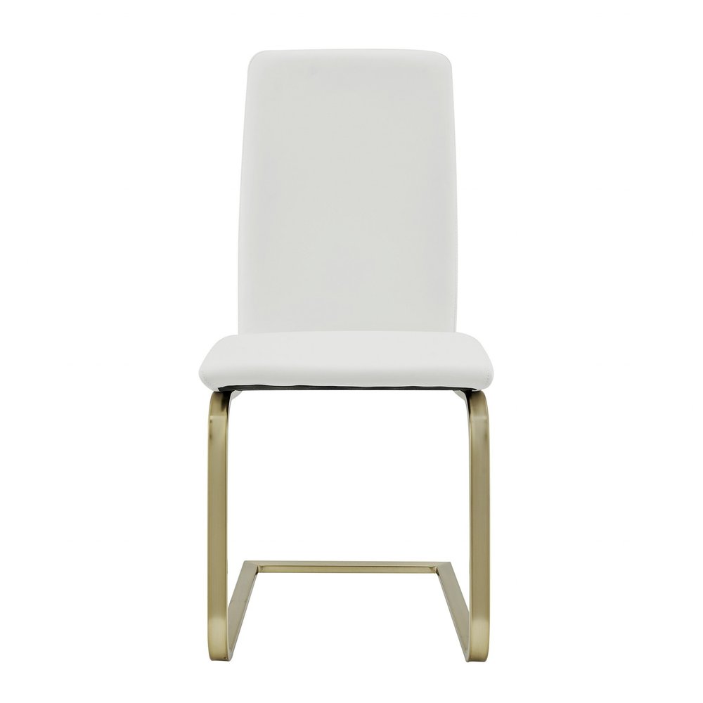 Set of Two White and Gold Upholstered Leather Dining Side Chairs