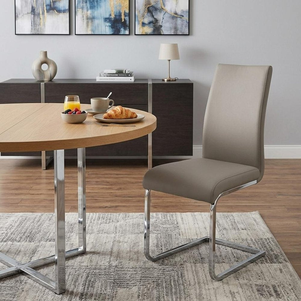 Set of Four Taupe and Silver Upholstered Leather Dining Side Chairs
