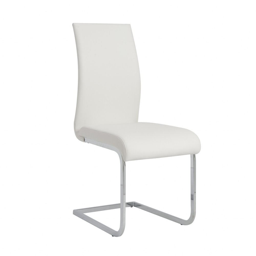 Set of Four White and Silver Upholstered Leather Dining Side Chairs
