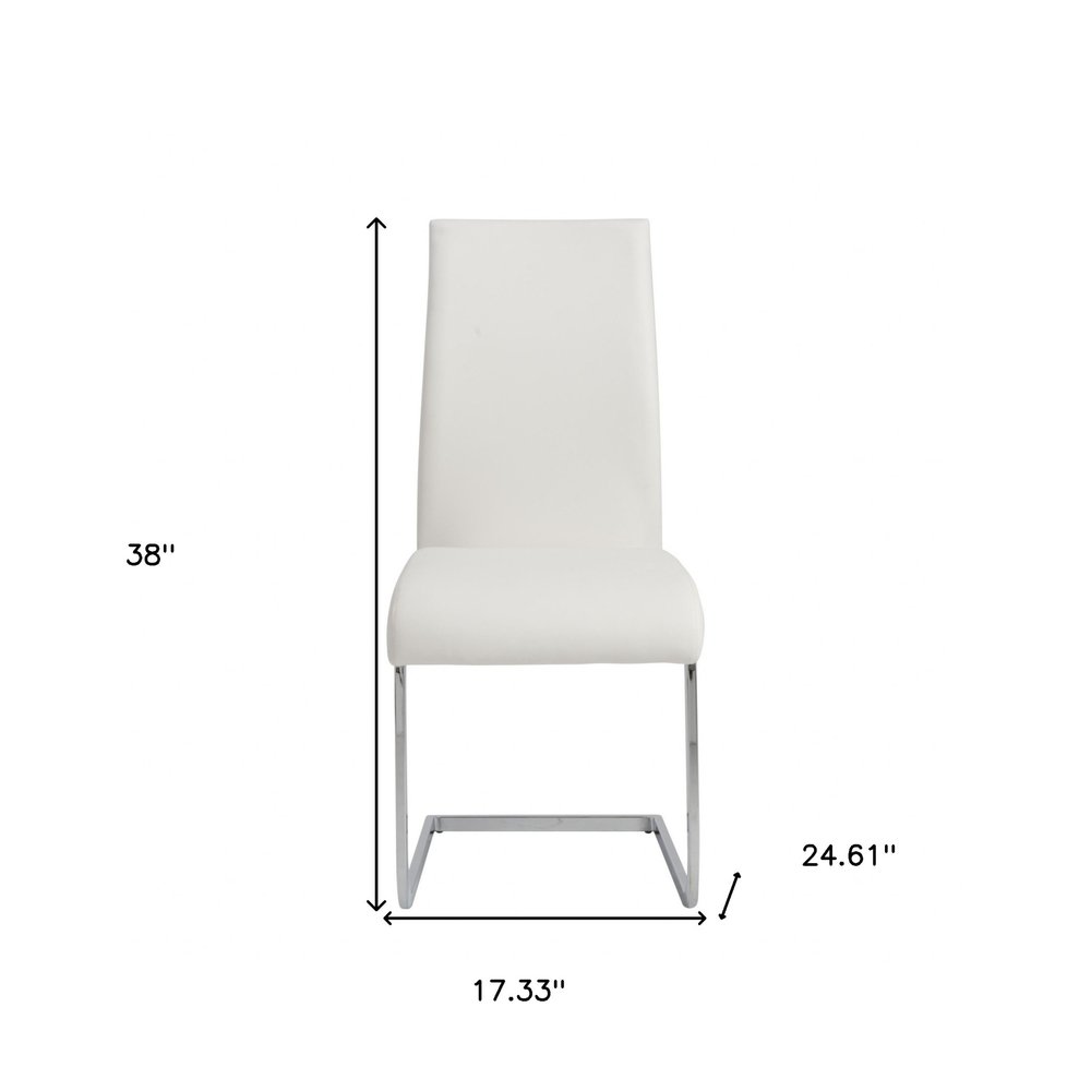 Set of Four White and Silver Upholstered Leather Dining Side Chairs