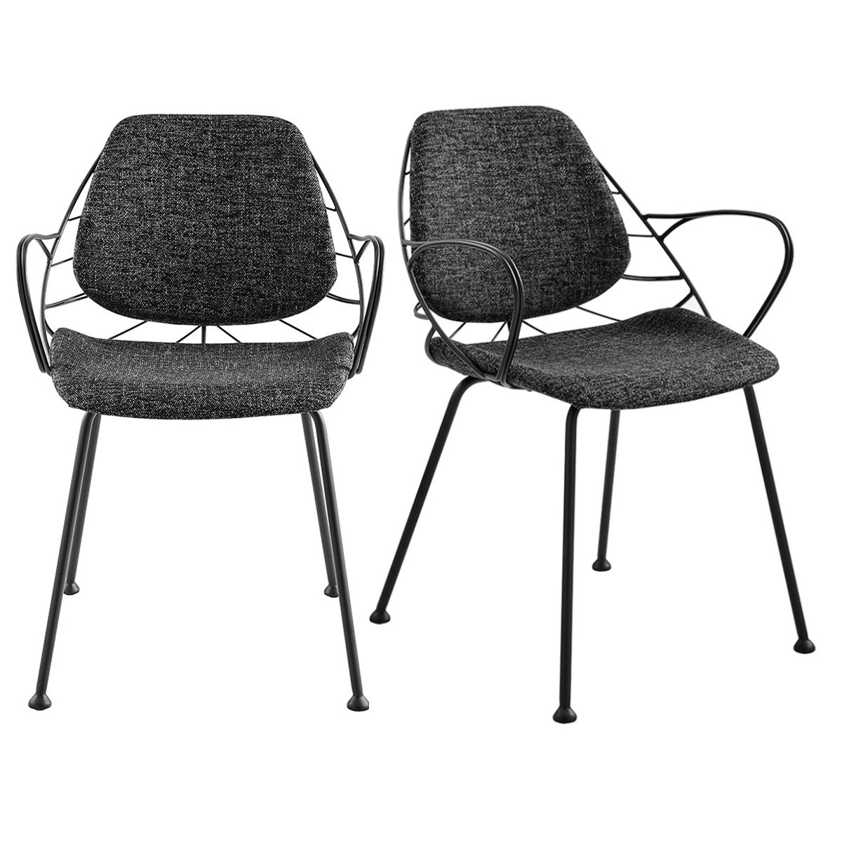 Set of Two Leaf Dark Gray Fabric and Black Dining Armchairs