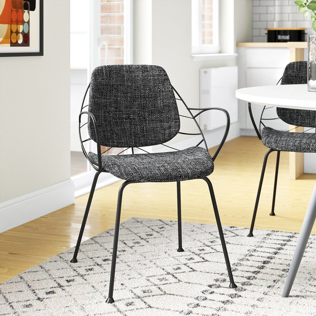 Set of Two Leaf Dark Gray Fabric and Black Dining Armchairs