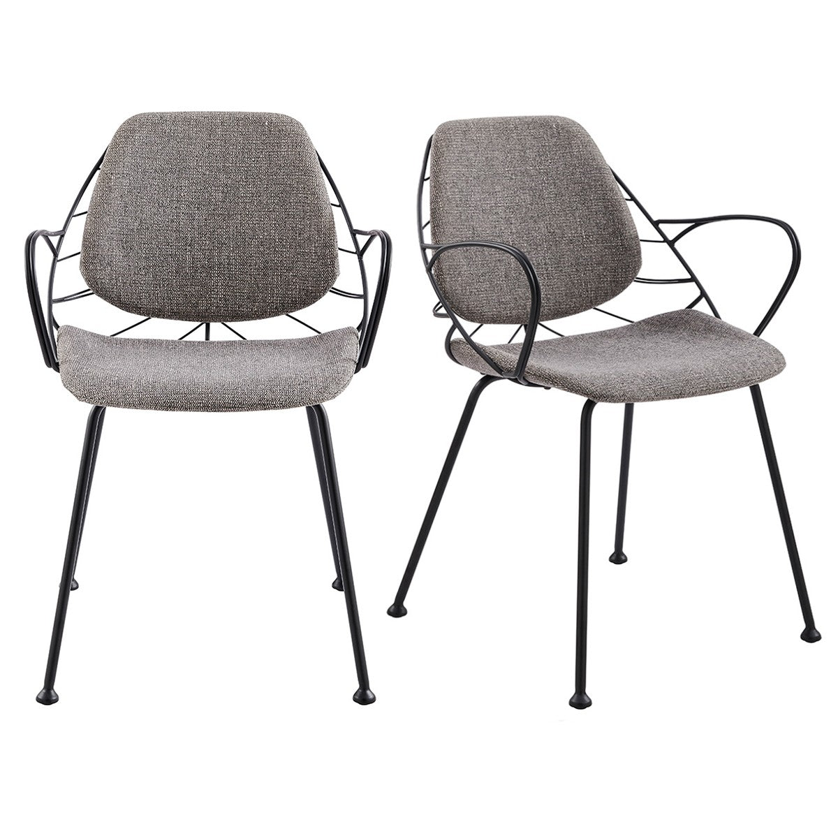 Set of Two Leaf Light Gray Fabric and Black Dining Armchairs