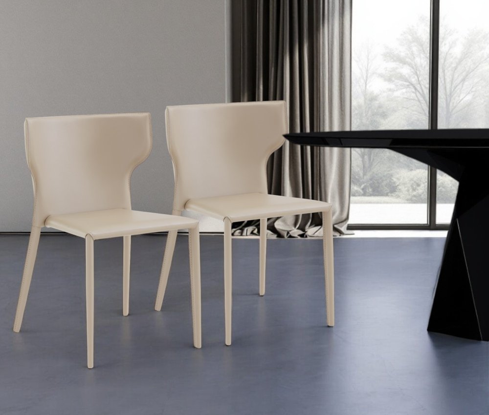 Set of Two Beige Upholstered Leather Curved Back Dining Side Chairs